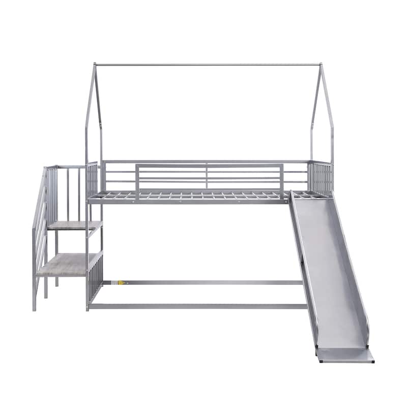 Twin Over Twin House Bunk Bed with Convertible Slide & Staircase, Metal Floor Bunk Beds Frame for Kids Boys Girls, Easy Assembly