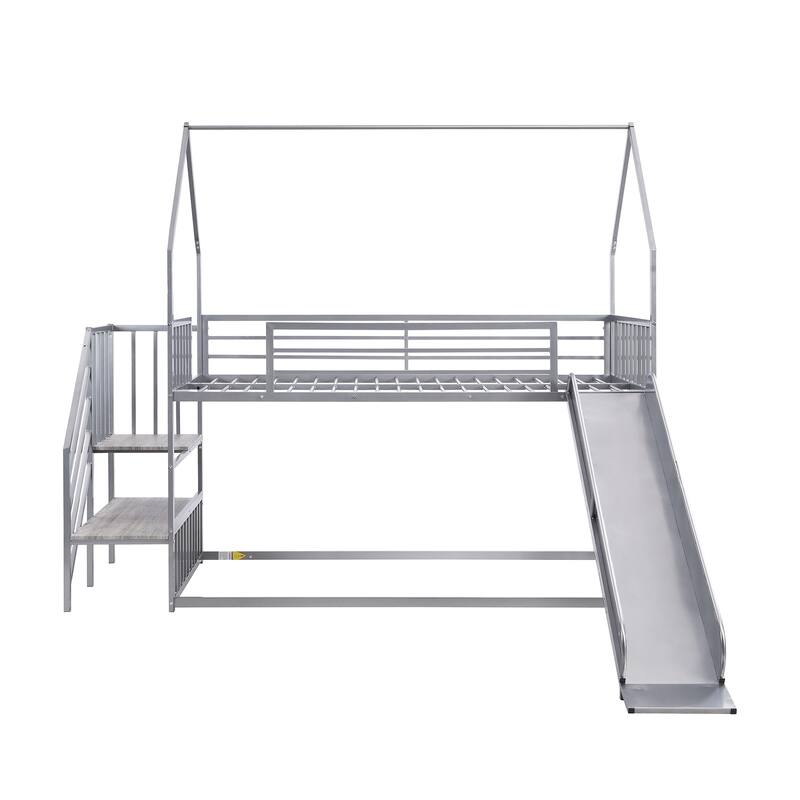 Twin Over Twin Metal Bunk Bed with Slide and Staircase, Silver