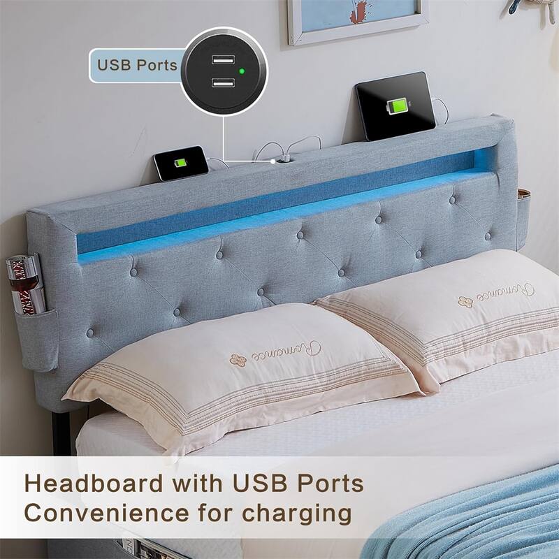 Queen Size LED Bed Frame with USB Charging Station & 4 Storage Drawers