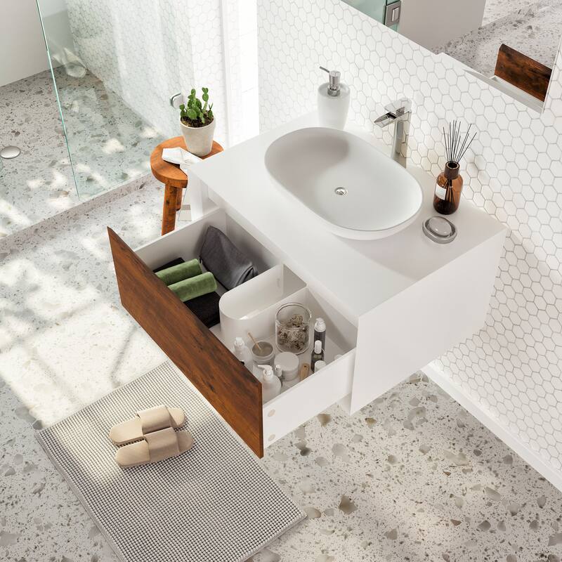 Eviva Santa Monica 30 inch Rosewood Wall Mount Bathroom Vanity with Acrylic Vessel Sink