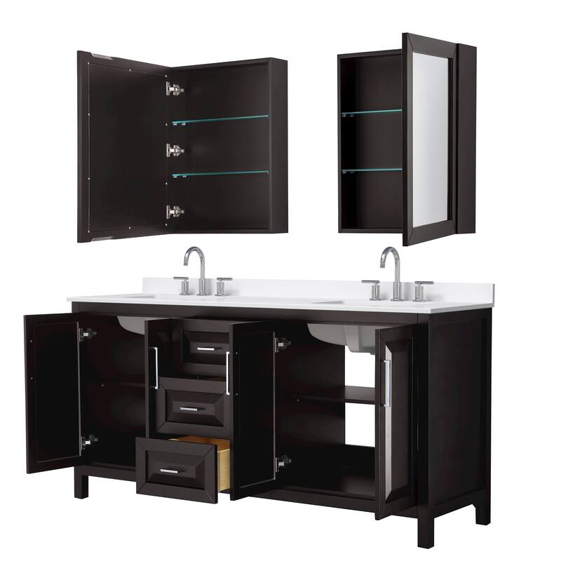 Daria 72-inch Double Vanity, 3 Hole Quartz Top, Med Cabinets