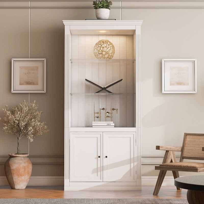 Farmhouse 78.75"Tall 4-Tier Display Shelf with Adjustable Glass Shelves and Dimmable Ceiling Light for Home Decor