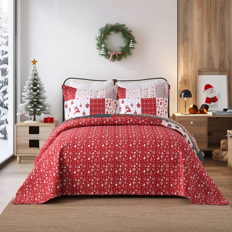 3 Pcs Christmas Patchwork Gift Quilt Bedspread Set