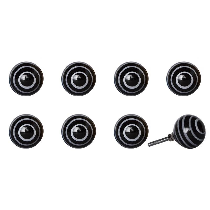 Set of 8 Black and Grey Round Cabinet Knobs Hand-Painted Ceramic Design - 1.50” x 1.50” x 1.50” - Black-Grey
