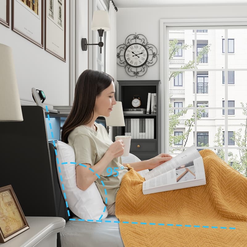 Low Profile Bed Storage Platform Bed Frame with Upholstered Headboard, Charging Station, LED Lights and Underbed Drawers