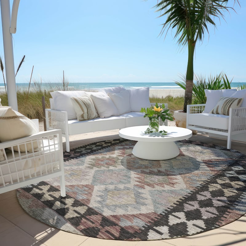 Machine Washable Indoor/ Outdoor Boho Global Chantille Rug - Taupe - 8' x 8' - Round