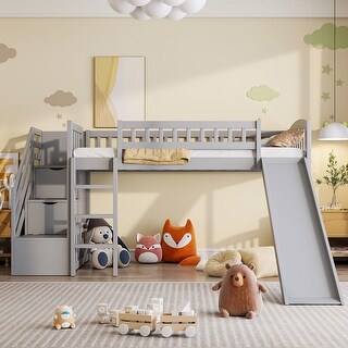 Twin Size Loft Bed with Two Drawers, Stairway and Slide