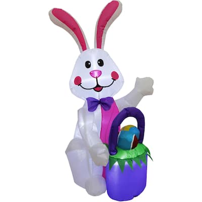 Fraser Hill Farm 4-Ft. Tall Bunny Rabbit with Easter Basket, Outdoor/Indoor Blow Up Spring Inflatable with Lights - 4 ft.