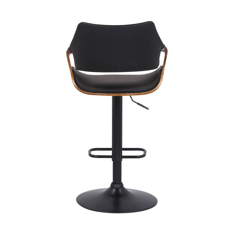 Black Leather and Walnut Wood and Black Swivel Adjustable Bar Stool