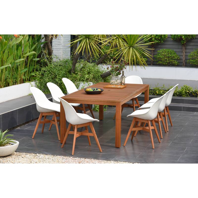 Amazonia Hawaii 9 piece FSC Certified Wood Outdoor Patio Dining Set - 9pc - Dark Wood Finish and White Chairs