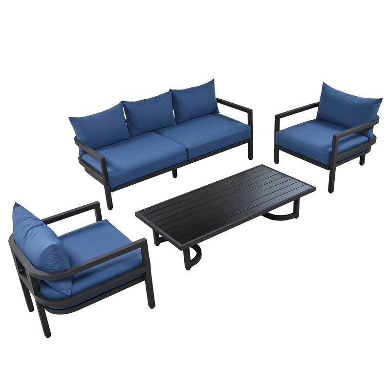 4-Piece Outdoor Steel Sofa Set for 4, Waterproof, Anti-Rust & UV-Resistant. - Blue