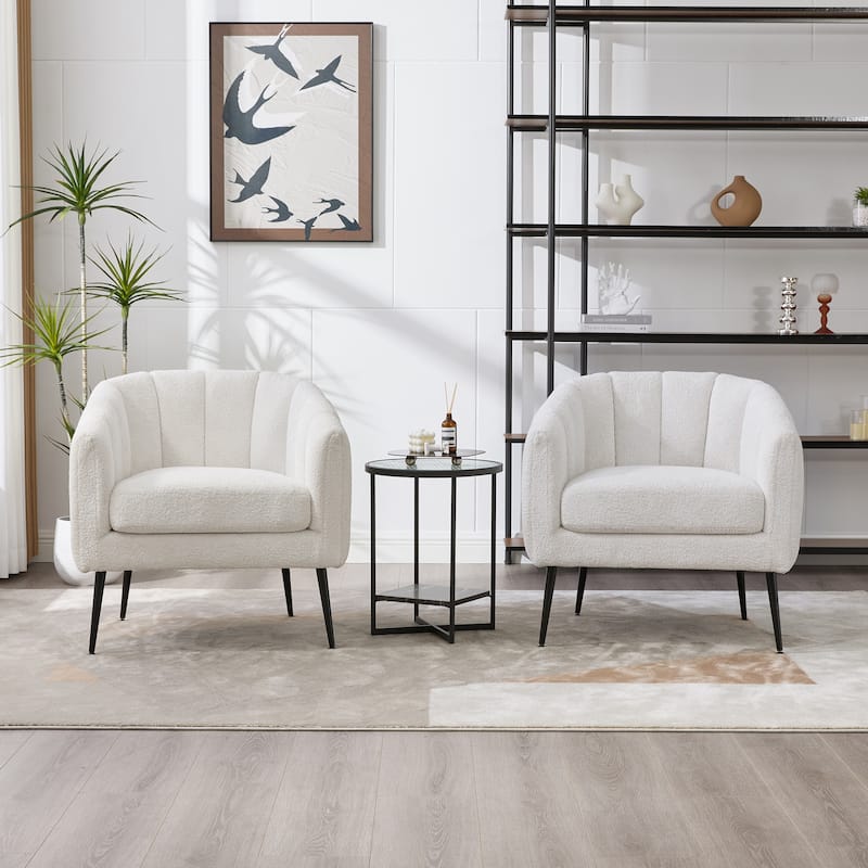 Chenille Upholstered Barrel Accent Chair, Channel Tufted Lounge Armchair, Round Reading Chair with Curved Backrest & Metal Legs