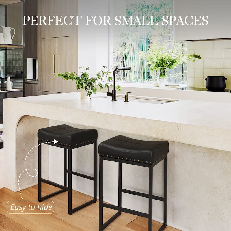 Counter Bar Stools 24" Square Saddle Barstools Set of 3, Modern Backless Faux Leather Counter Stool for Kitchen Island