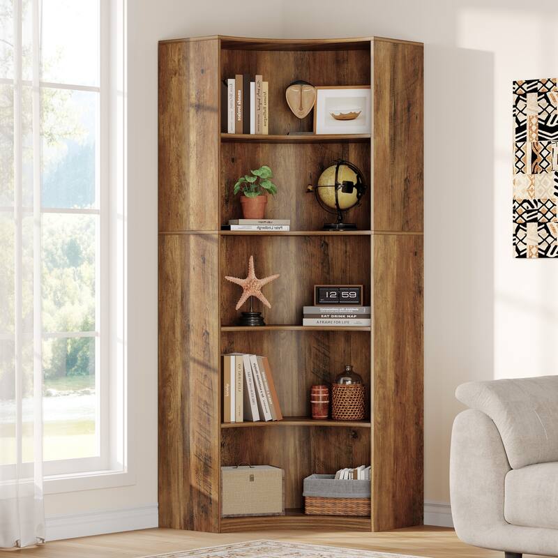 5-Tier Bookshelf, Industrial Style Corner Bookcase with Curved Edges - Brown