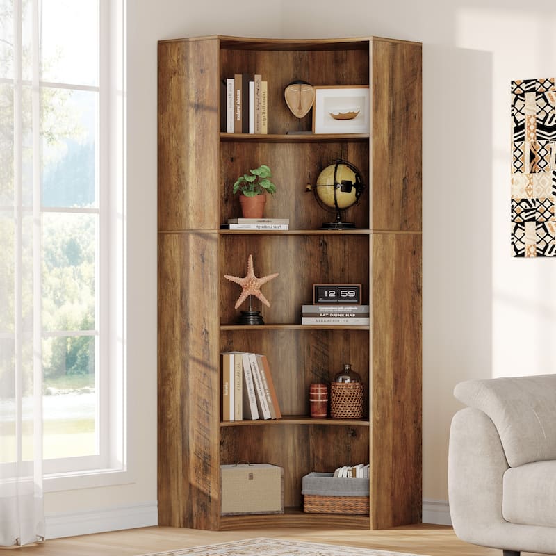 6-Tier Corner Bookshelf, 70.9" Tall Corner Shelf with Curved Edges - Brown