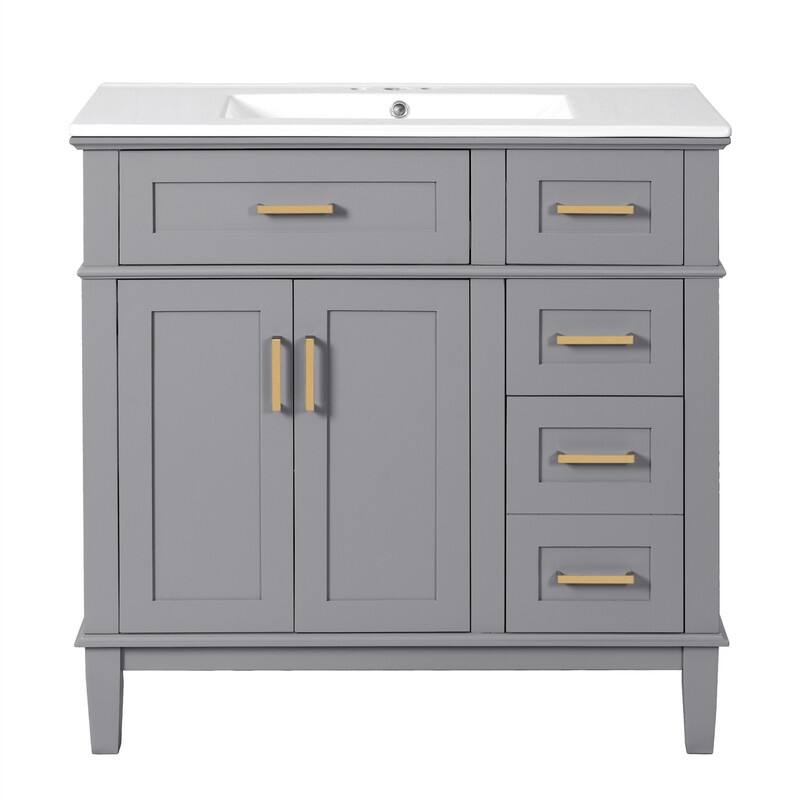 36" Bathroom Vanity with Ceramic Sink, Freestanding Bathroom Vanity Cabinet with 2 Soft Close Doors and 4 Storage Drawers