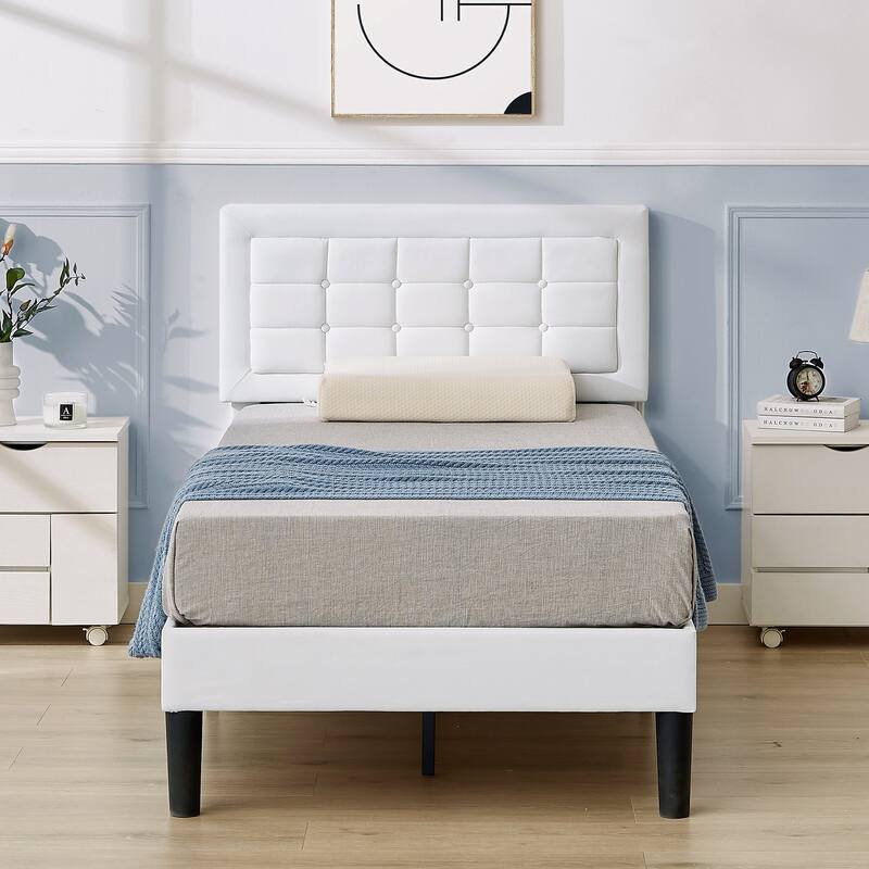 VECELO Tufted Upholstered Kids Bed with Adjustable Headboard,Twin Size Bed Set of 2