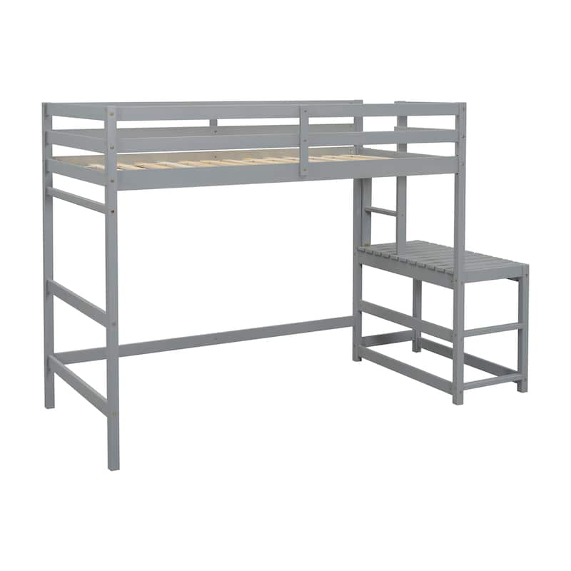 Gray Twin Size Pine Wood High Loft Bed with Ladder