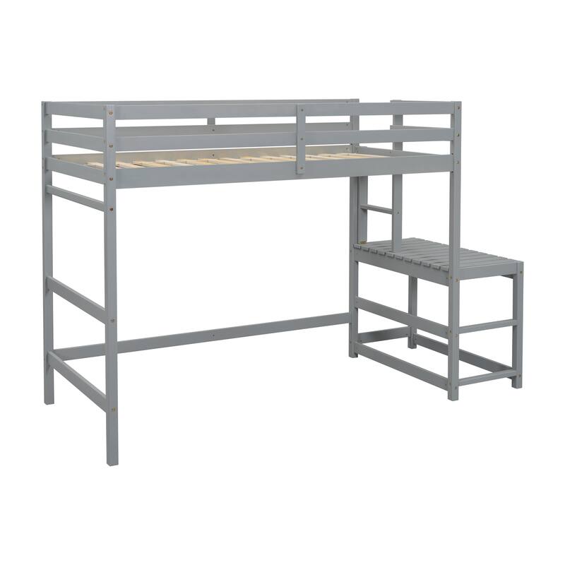 Grey Twin High Loft Bed with Ladder Landing Platform, Guardrails and Ample Underbed Space