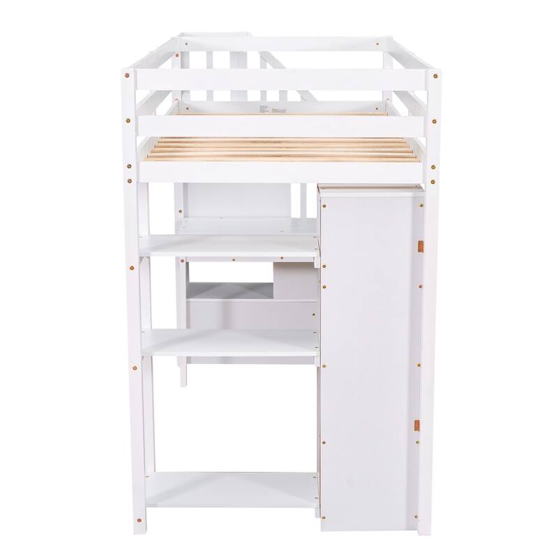 White Twin Loft Bed with Storage Drawers, Desk, Shelves and Stairs - Space Saving Wooden Design