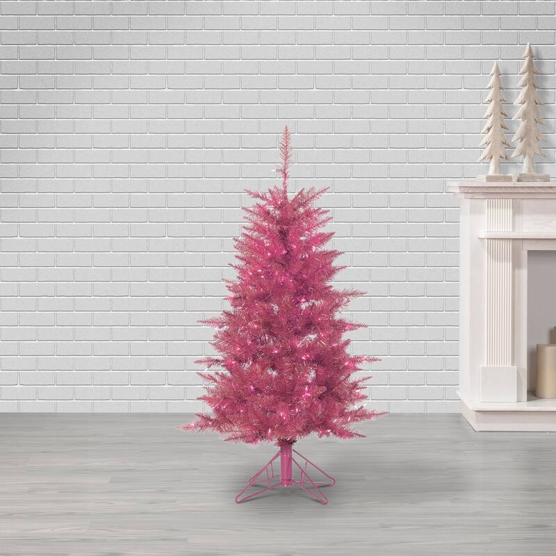 4 Foot Pink Tuscany Tinsel Tree with 150 Clear Lights - N/A