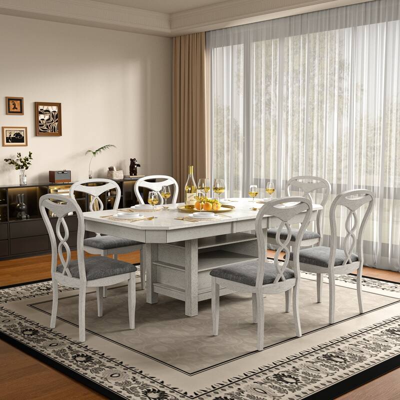 VECELO 4 to 6 Rubber Wood Extendable Dining Set with Fish Cutout Chairs with Dual Storage Upholstered Seat