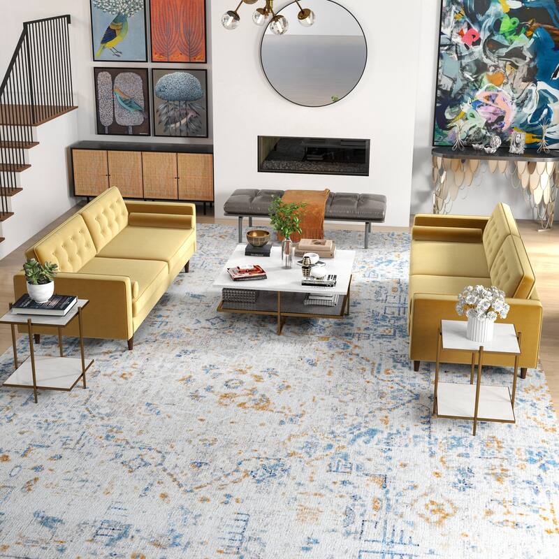 Kerry Mid Century Velvet Sofa in Gold (Set of 2) - Yellow - 2 Piece