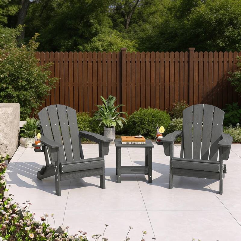 Folding Adirondack Chair Set of 2, with Cup Holder, without Side Table - Grey