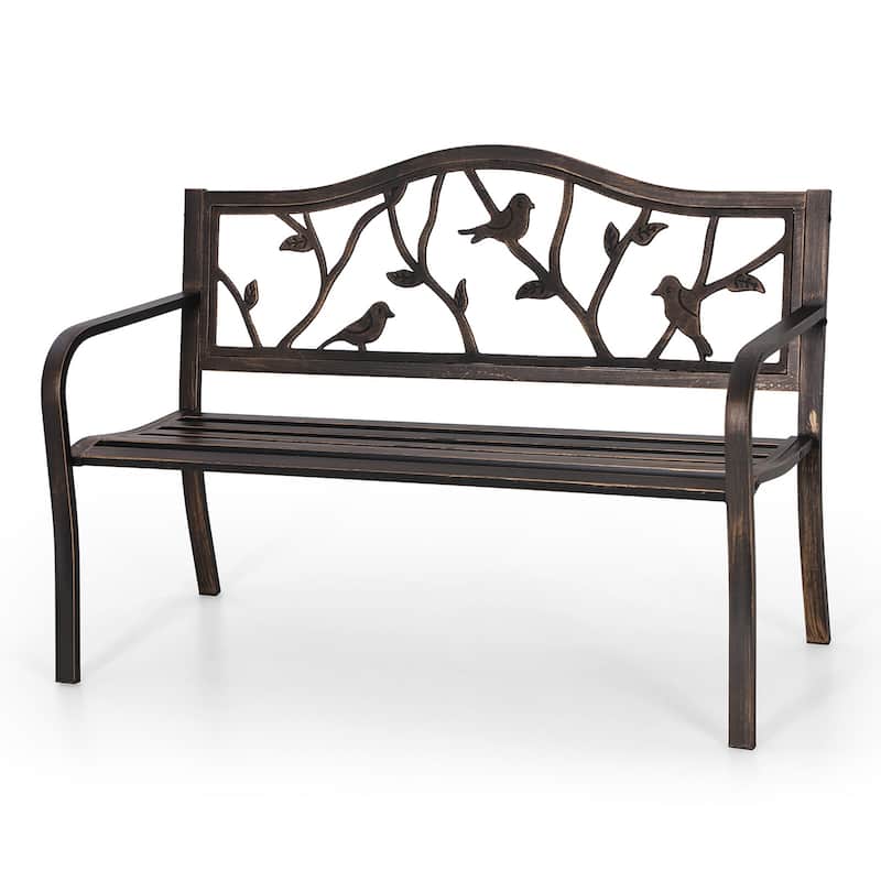 MAISON ARTS Patio Metal Park Bench Red, Steel Frame Bench with Backrest and Armrests