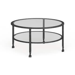 SEI Furniture Glenn Distressed Black Metal Round CoffeeTable with Glass Top and Shelf
