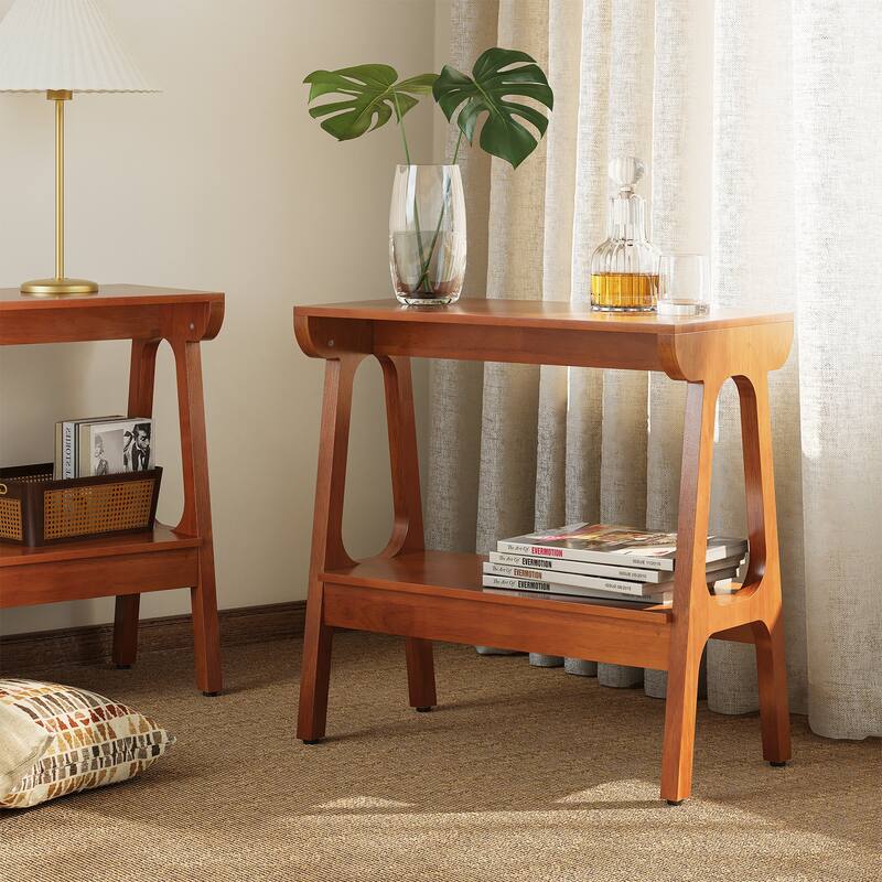 Solid Wood End Table with Storage Shelf, Narrow 2-Tier Side Table