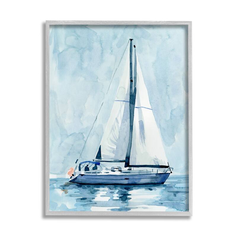 Stupell Nautical Blue Sailboat Tranquil Coastal Water Watercolor Painting Framed Wall Art - White