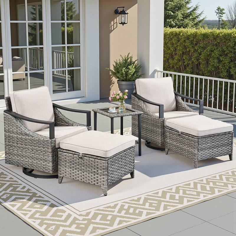 Pocassy Outdoor Sofa Swivel Patio Chair Table with Ottoman Set - Gray Wicker Beige Cushion - 5-Piece Swivel Chair Side Table with Ottoman