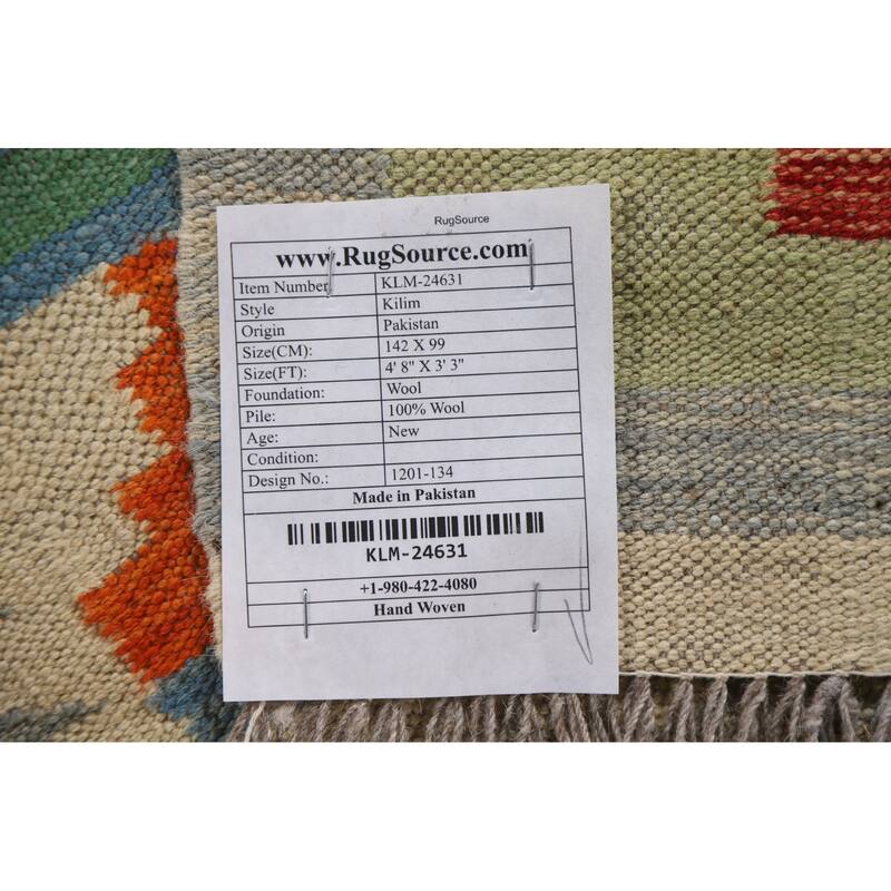 Multicolor Geometric Kilim Oriental Area Rug Hand-Woven Wool Carpet - 3'3"x 4'8"
