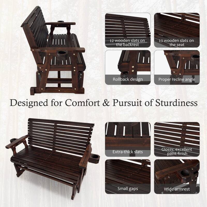 Patio Glider with Cup Holders, High Roll Back and Deep Contoured Seat, Heavy Duty 800 LB