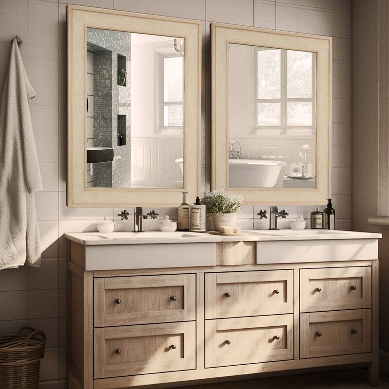 Faux Wooden Frame Rattan Farmhouse Style Rectangle Wall Mirror