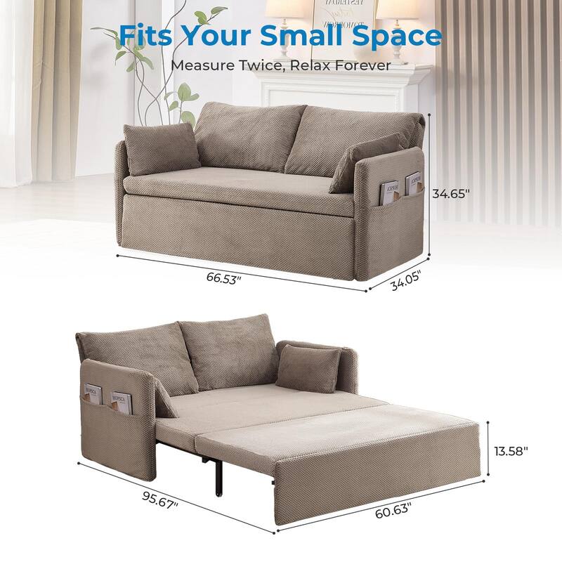 Mixoy Convertible Sofa Bed with Memory Foam Mattress, Queen Size, Beige/Grey, Adjustable Backrest