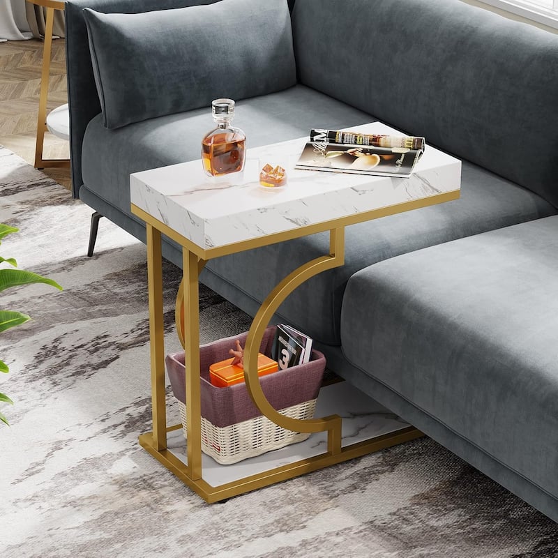 Narrow Side Table End Table Modern Bedside Tables Small Chairside Table for Couch, Sofa Table for Living Room - White+Gold