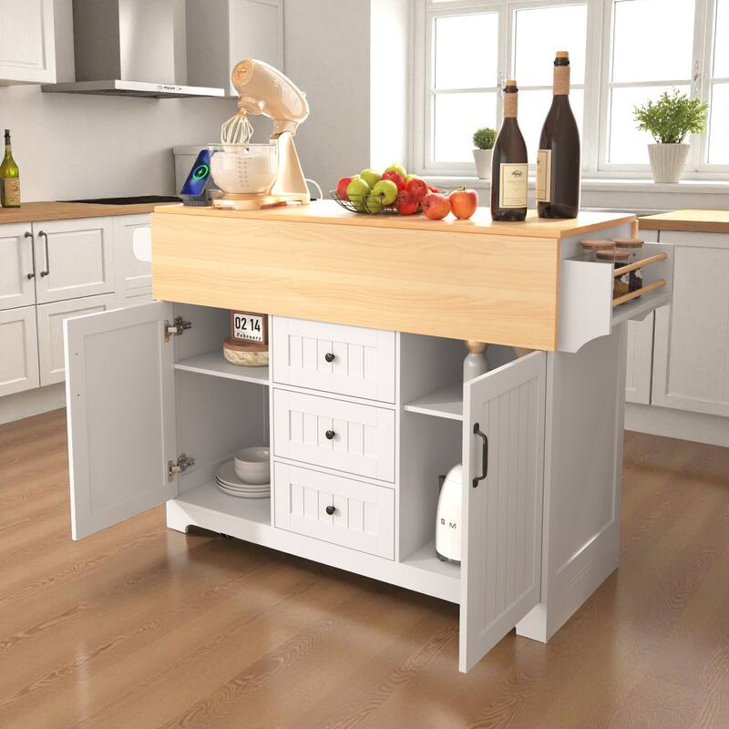 55.7" Large Kitchen Island with Dual Drop Leaf, Power Outlet, Rolling Kitchen Cart with Drawers & Storage Cabinet