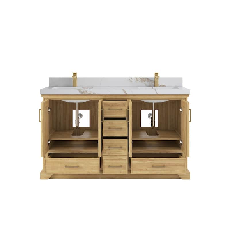 Willow Collections 60 in. W x 22 in. D Charlotte Teak Double Sink Bathroom Solid Teak Vanity with Countertop