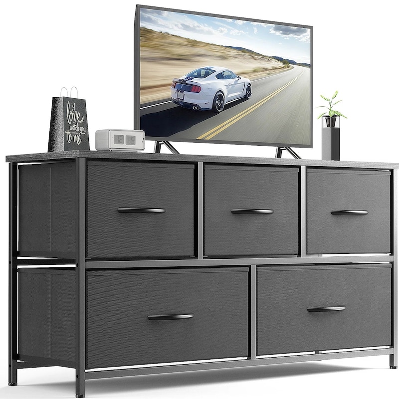 Dresser for Bedroom with 5 Fabric Drawers, Tall Chest Organizer Units for Clothing, Closet, Kidsroom, Storage Tower with Cabinet