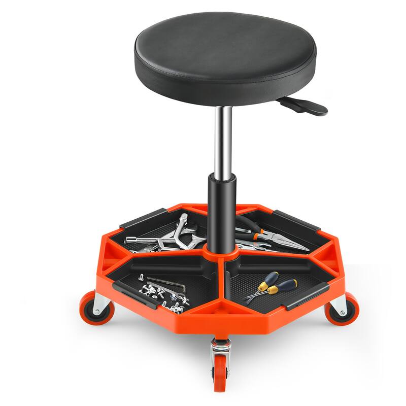 Costway Heavy-Duty Adjustable Height Rolling Stool with Tool Tray - See Details - Red