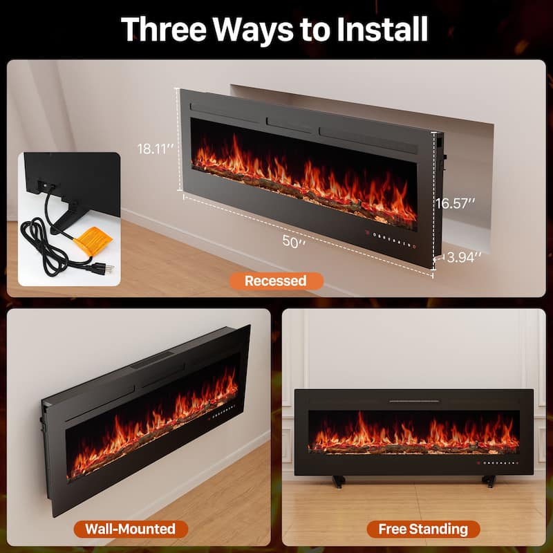 Electric Fireplace Recessed and Wall Mounted Fire Places with Remote Control, Touch Screen