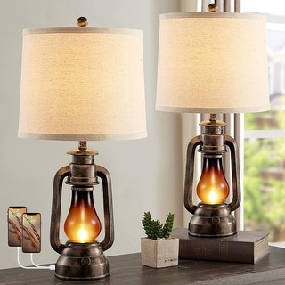 Table Lamps Set of 2 Vintage Resin Lamp with Dual USB Charging Ports ...