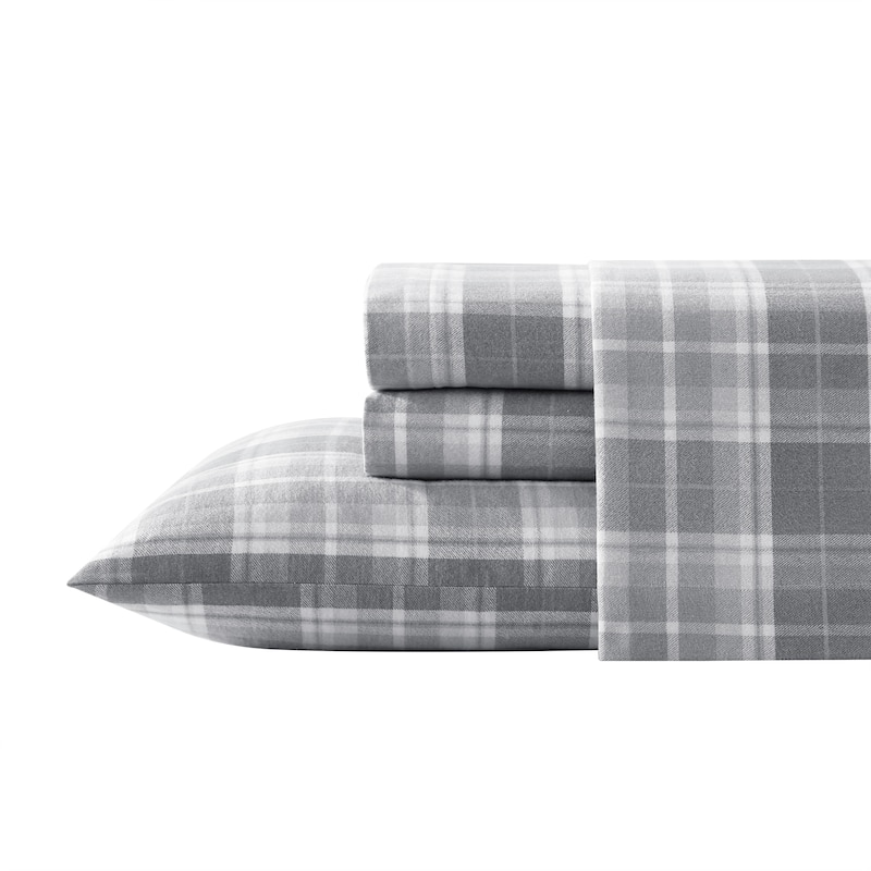 Laura Ashley Printed Cotton Flannel Sheet Set - Mulholland Plaid Grey - Twin