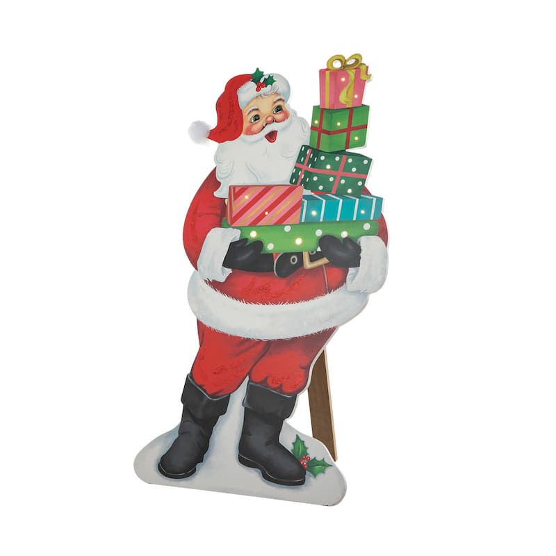 Glitzhome 36"H Lighted Wooden Santa Gifts Porch Decor