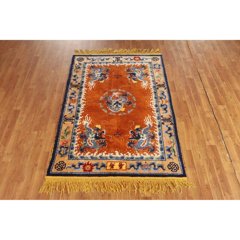 Hand Knotted Oriental Silk Carpet Traditional Medallion Oranges & Rust Art Deco Area Rug - 6' 2'' X 4' 0''