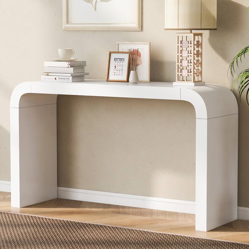 Acacia Veneer Entryway Table Sofa Table with 2 Legs, Minimalist Console Tables Curved Hallway Tables for Living Room - White