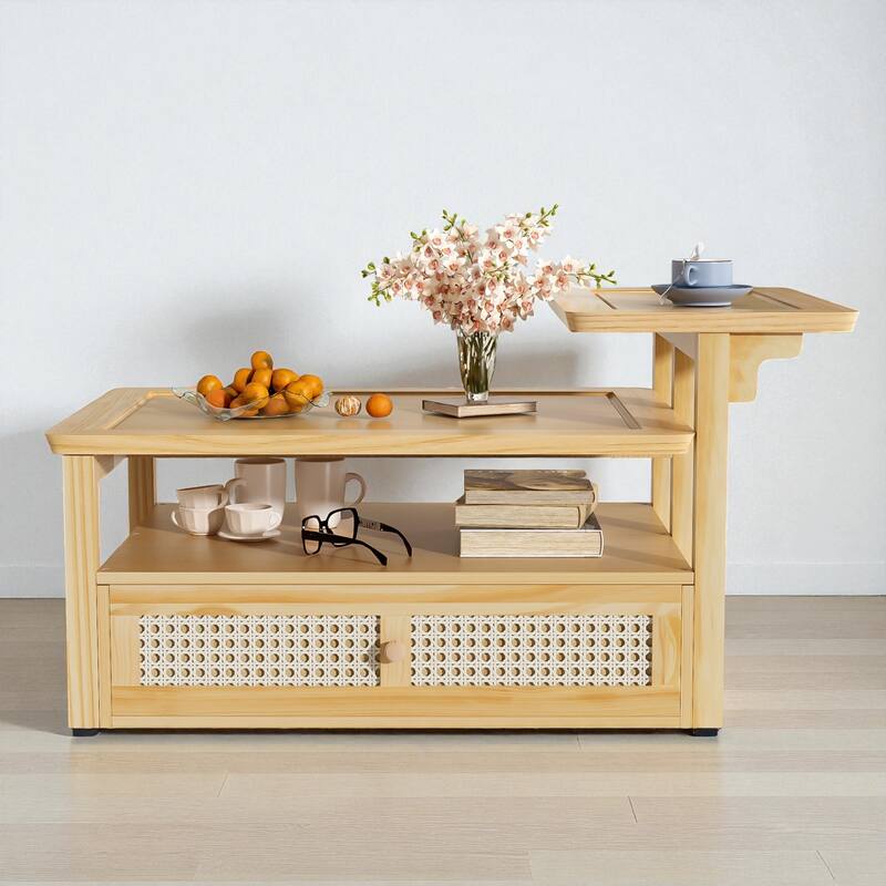 31.5'' Modern Coffee Table with Rattan Drawer, Dual Tabletops & Storage Shelf, Wooden Accent Table for Living Room