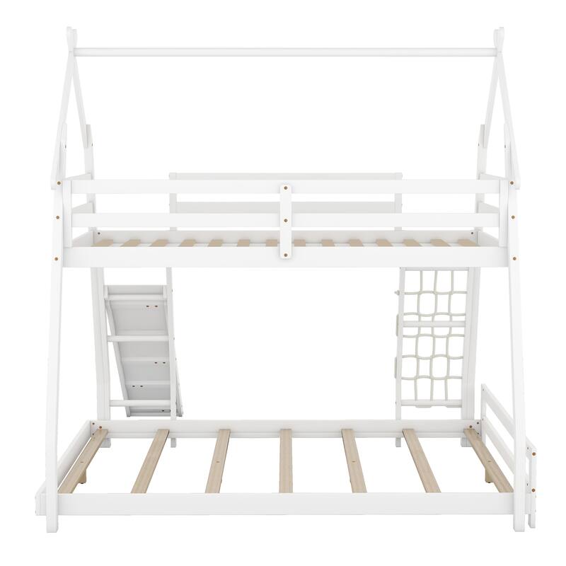 White Twin Over Queen House Bunk Bed with Climbing Nets and Climbing
